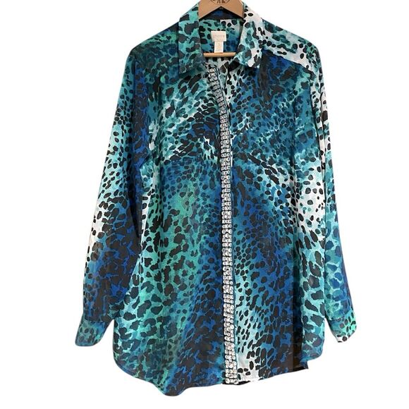 Chico’s Blue & Green Animal Print & Rhinestone Sheer Button Up Size 3, XXL - Picture 1 of 10